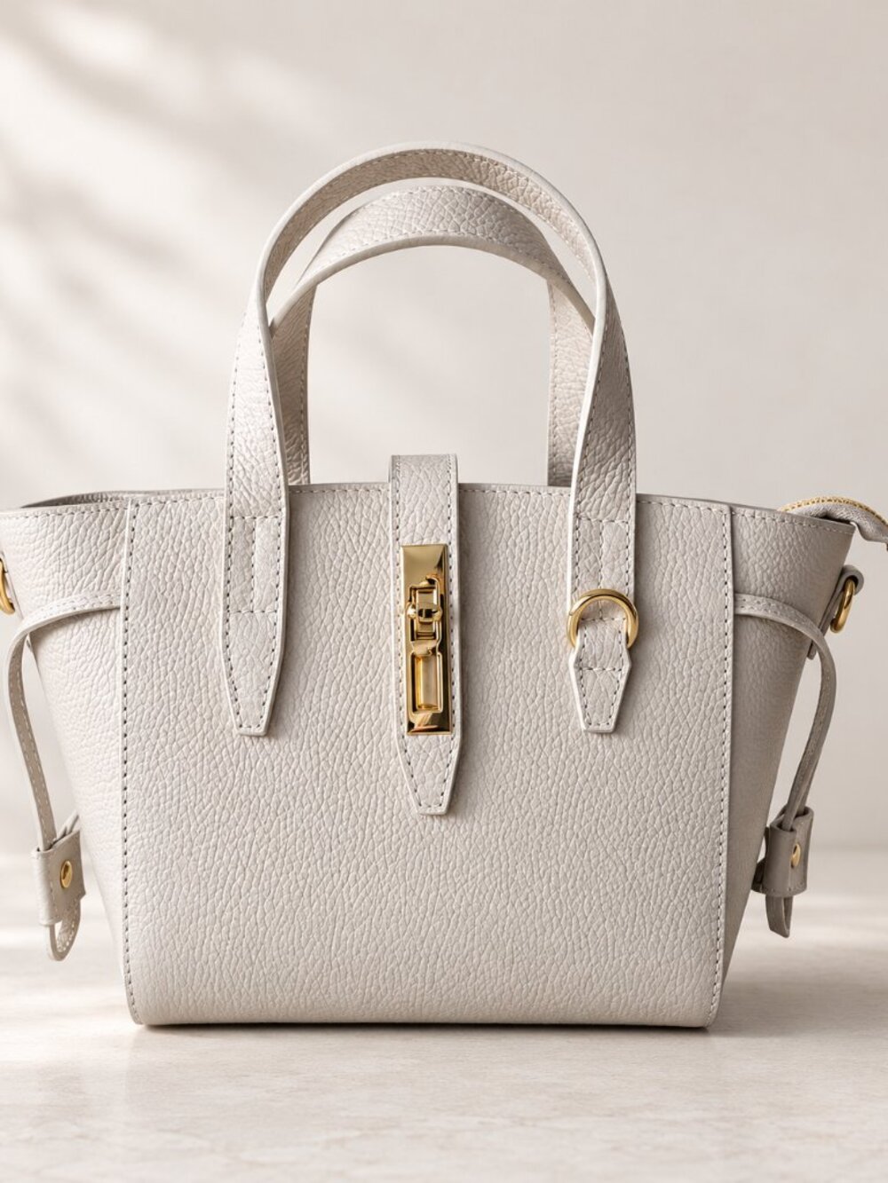Beige Italian Leather Crossbody Top Handle Bag, Pebbled Leather Purse - Picture 16 of 16